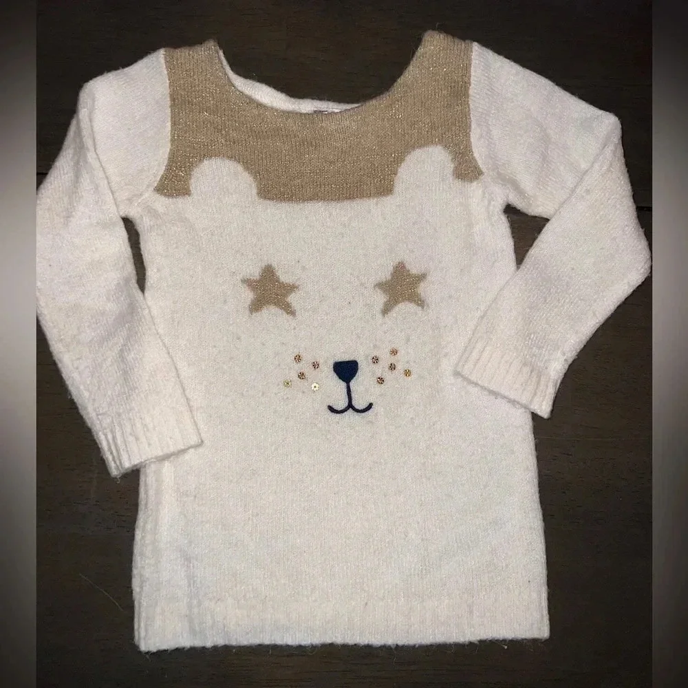 Carters Toddler Girls 2T Polar Bear Glitter Star Knit Sweater White Gold Sparkle